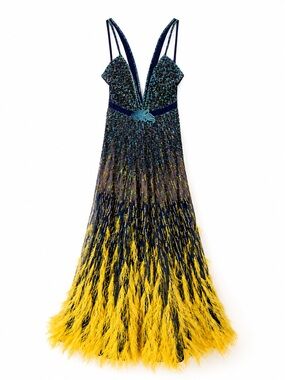 Beaded Deep-V Maxi Dress with Yellow Feather Hem